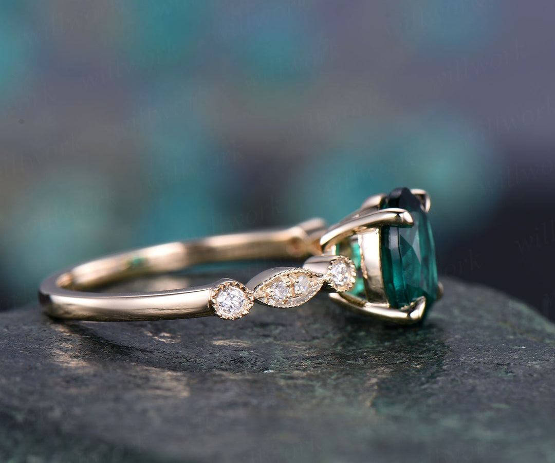 Green emerald engagement ring solid 14k rose gold 6x8mm oval cut emerald ring gold vintage art deco diamond ring bridal wedding promise ring