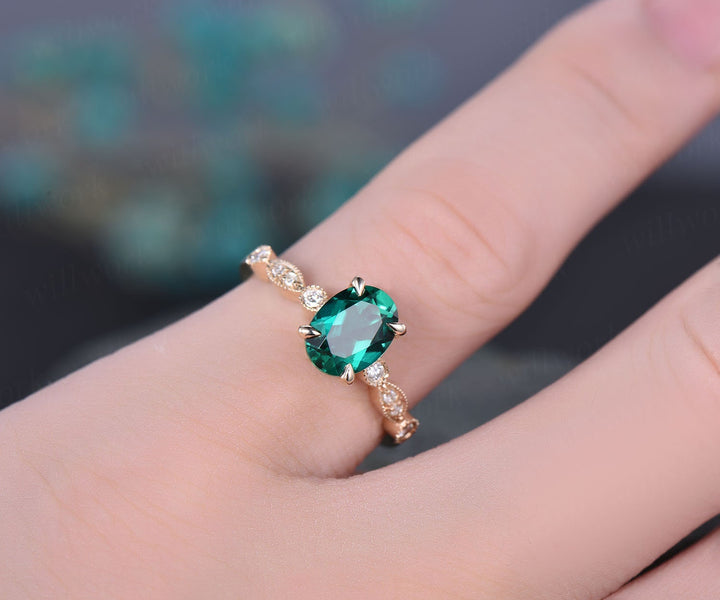 Green emerald engagement ring solid 14k rose gold 6x8mm oval cut emerald ring gold vintage art deco diamond ring bridal wedding promise ring