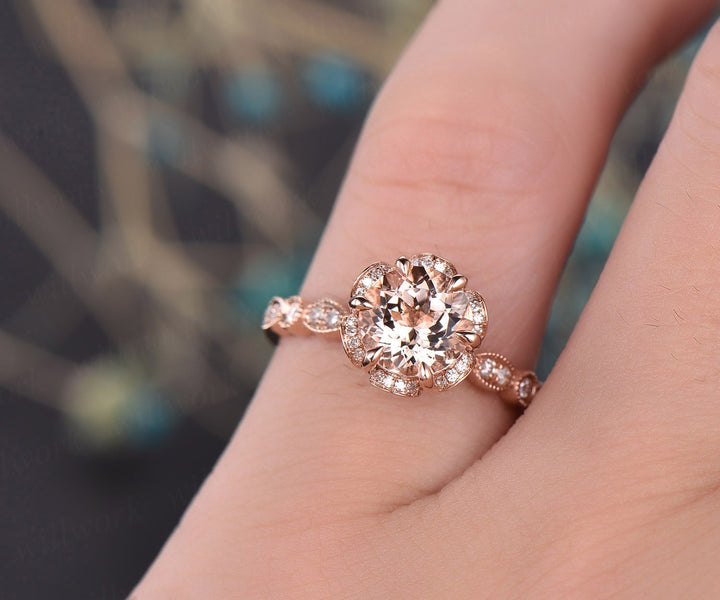 Vintage round cut morganite engagement ring  14k rose gold double under halo diamond ring half eternity art deco unique wedding ring women