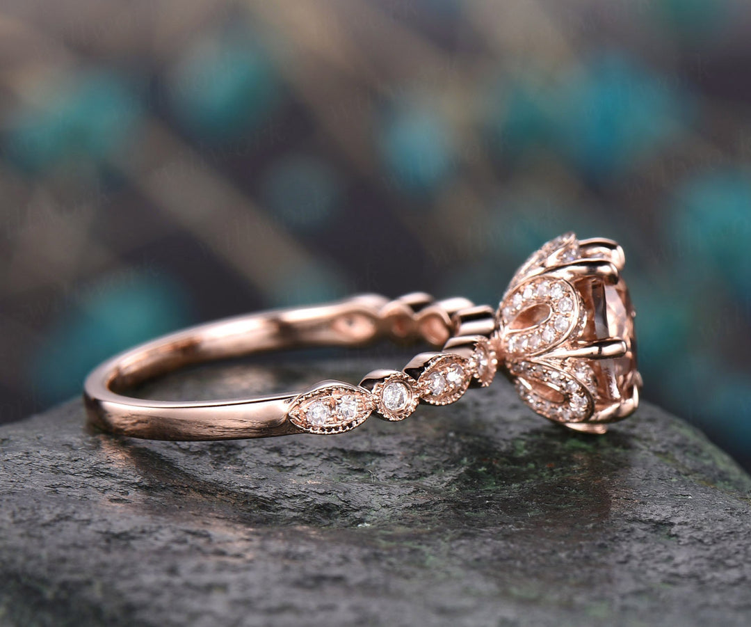 Vintage round cut morganite engagement ring  14k rose gold double under halo diamond ring half eternity art deco unique wedding ring women