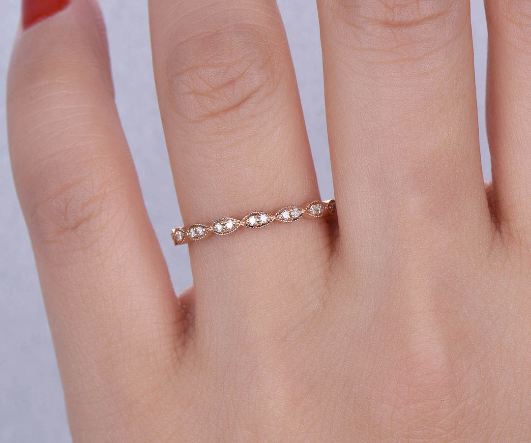 Art deco diamond wedding ring band 14k rose gold marquise diamond wedding half eternity matching stacking promise bridal ring band jewelry