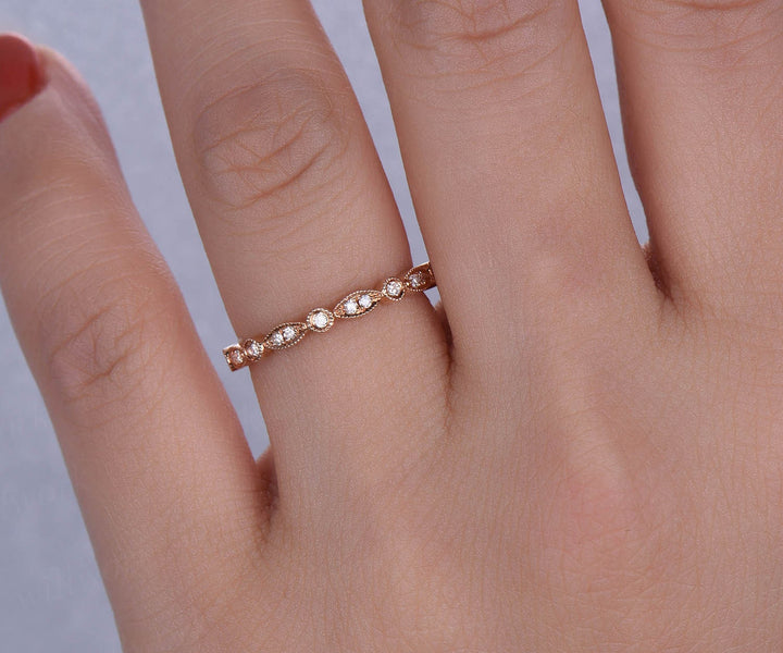 Half eternity diamond wedding ring art deco diamond 14k rose gold ring marquise ring milgrain wedding band bridal anniversary ring band gift