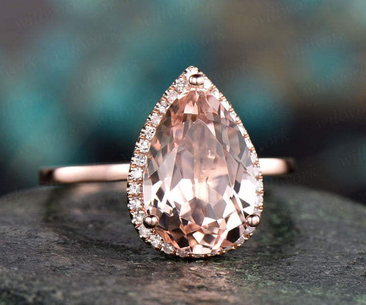 8x12mm pear morganite engagement ring rose gold morganite ring diamond halo ring antique unique bridal wedding promise ring gift for her