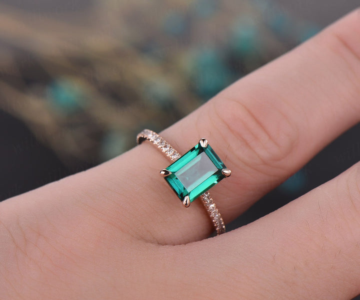 Unique vintage engagement ring 6x8mm emerald cut emerald engagement ring 14k rose gold full eternity diamond ring band gift custom jewelry