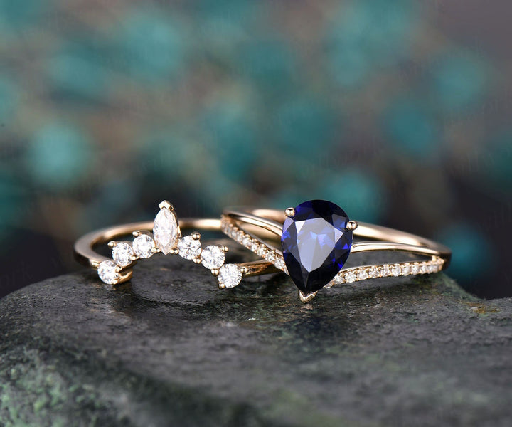 6x8mm 2pc sapphire bridal set sapphire engagement ring set yellow rose gold art deco moissanite crown ring band diamond wedding ring gift