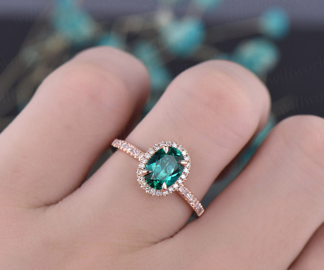 Emerald engagement ring 14k rose gold emerald ring vintage real diamond ring unique halo may birthstone promise wedding ring