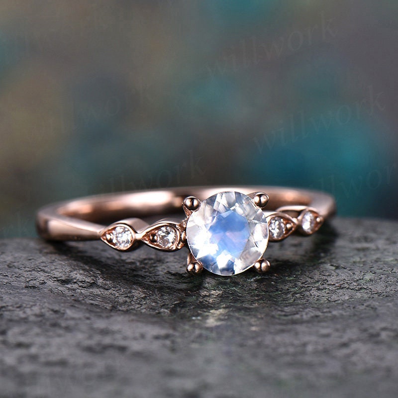 5mm round natural moonstone ring gold vintage moonstone engagement ring 14k rose gold June birthstone art deco wedding women bridal ring