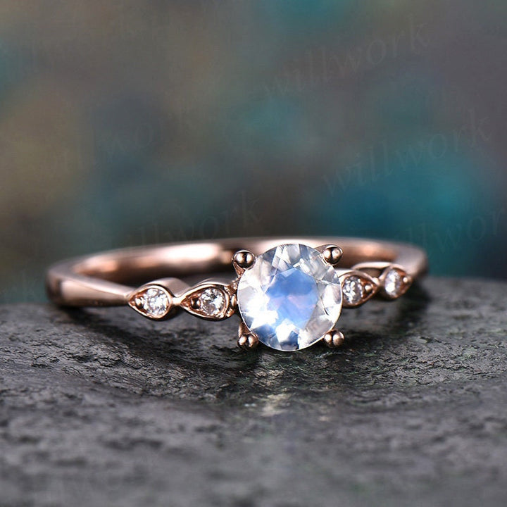 5mm round natural moonstone ring gold vintage moonstone engagement ring 14k rose gold June birthstone art deco wedding women bridal ring