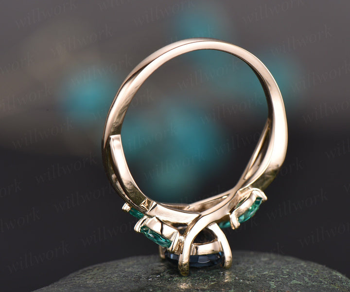 London blue topaz engagement ring yellow gold topaz  ring art deco emerald ring gold vintage marquise wedding women gift brial ring jewelry