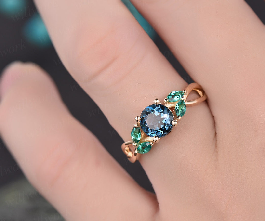 London blue topaz engagement ring yellow gold topaz  ring art deco emerald ring gold vintage marquise wedding women gift brial ring jewelry