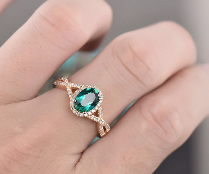Green emerald ring vintage emerald engagement ring yellow gold diamond halo ring may birthstone infinity unique jewelry wedding bridal ring