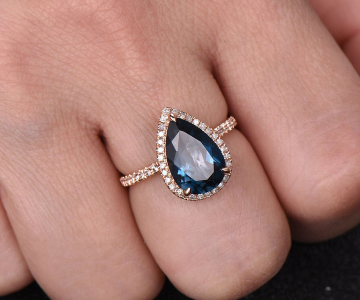 8x12mm London blue topaz engagement ring rose gold diamond halo ring big topaz ring gold unique pear antique wedding bridal promise ring