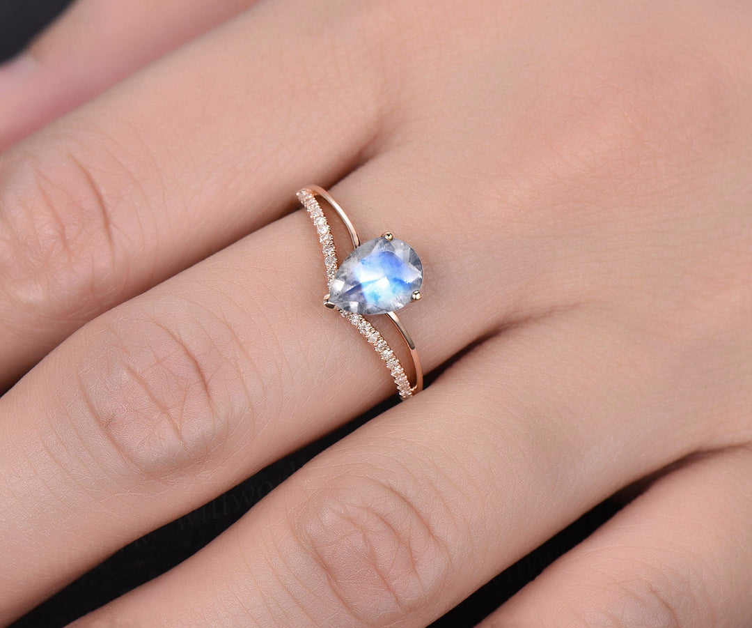 6x8mm Pear natural moonstone engagement ring rose gold split shank real diamond ring June birthstone vintage gold women wedding bridal ring
