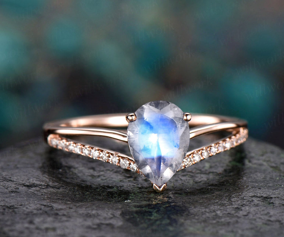 6x8mm Pear natural moonstone engagement ring rose gold split shank real diamond ring June birthstone vintage gold women wedding bridal ring