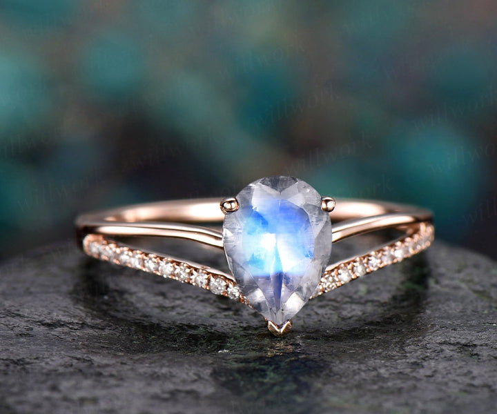 6x8mm Pear natural moonstone engagement ring rose gold split shank real diamond ring June birthstone vintage gold women wedding bridal ring