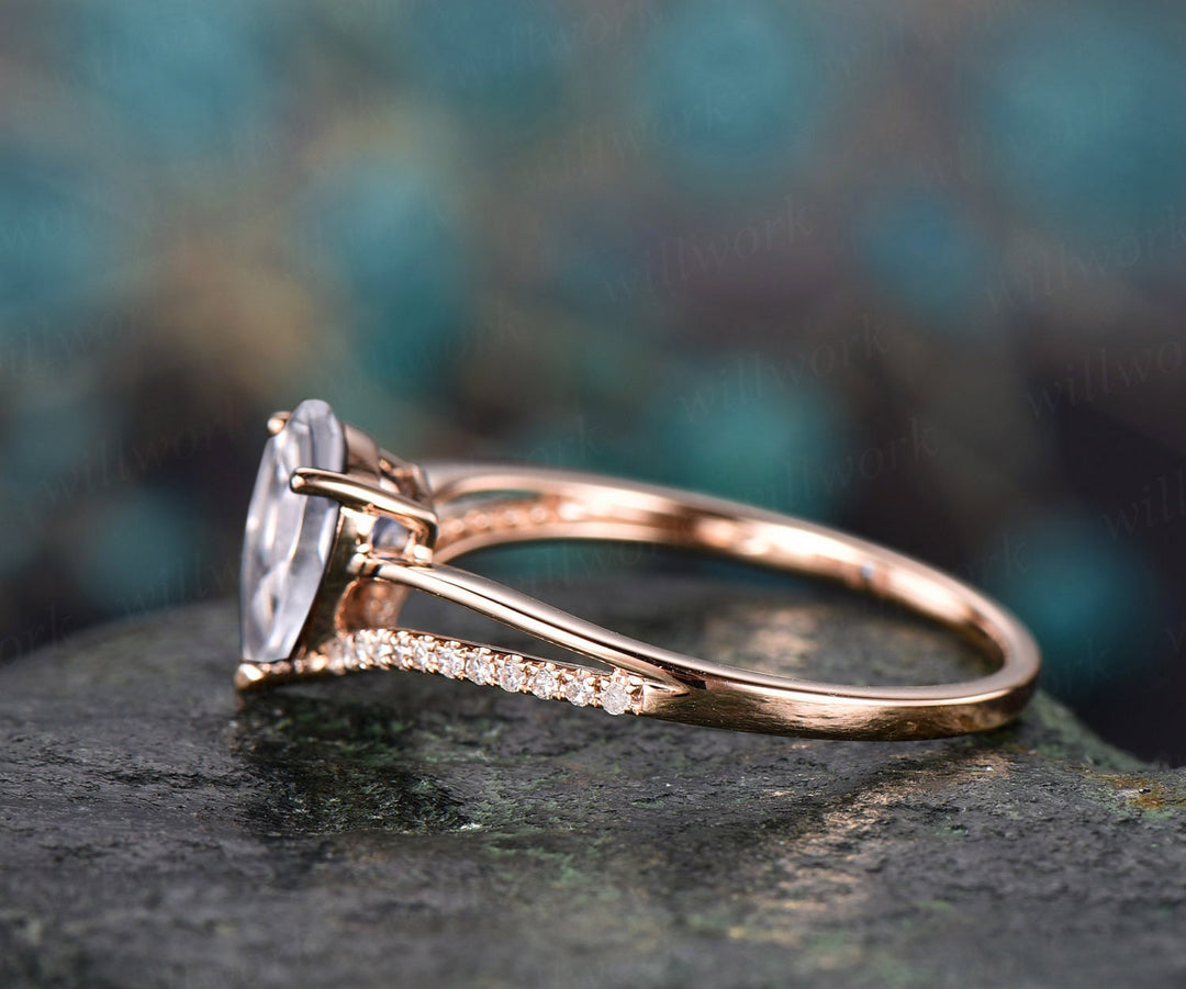 6x8mm Pear natural moonstone engagement ring rose gold split shank real diamond ring June birthstone vintage gold women wedding bridal ring