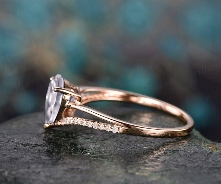 6x8mm Pear natural moonstone engagement ring rose gold split shank real diamond ring June birthstone vintage gold women wedding bridal ring