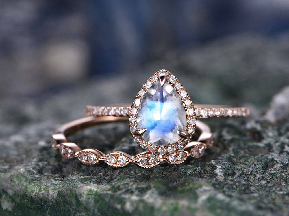 2pc moonstone wedding bridal ring set natural moonstone engagement ring set rose gold vintage matching June birthstone women promise ring