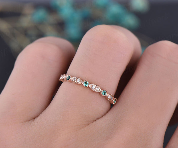 Natural emerald wedding ring band half eternity diamond wedding band 14k rose gold art deco marquise engagement May birthstone promise ring