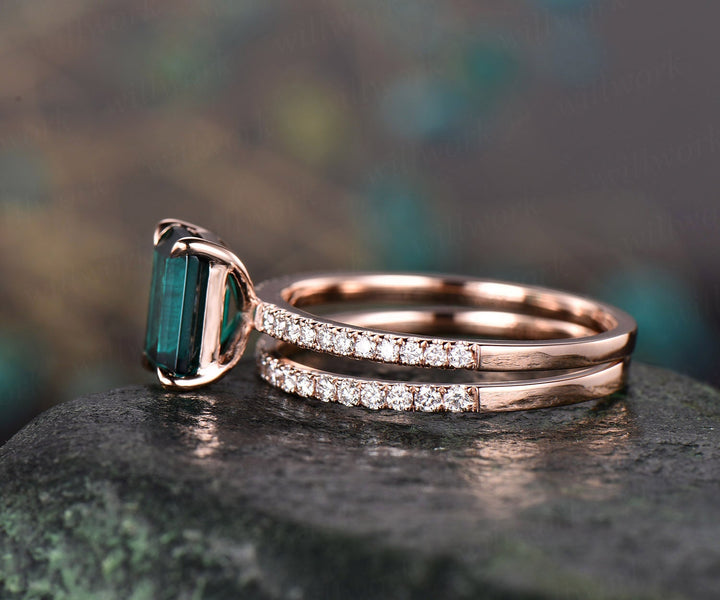 2pcs diamond ring emerald cut emerald engagement ring 14k rose gold May birthstone ring vintage emerald wedding bridal set custom jewelry