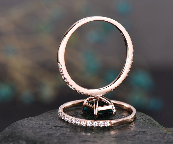 2pcs diamond ring emerald cut emerald engagement ring 14k rose gold May birthstone ring vintage emerald wedding bridal set custom jewelry