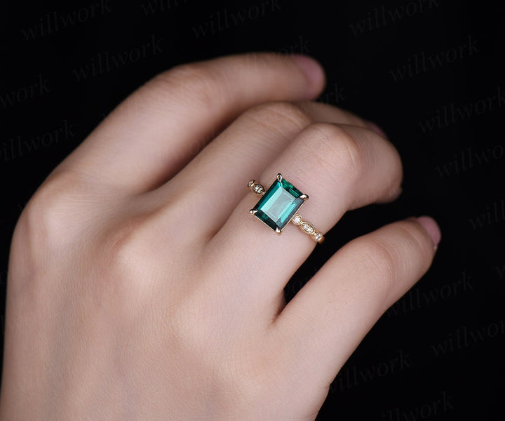 Emerald cut emerald engagement ring 14k yellow gold real diamond ring art deco emerald ring gold vintage wedding women promise ring jewelry