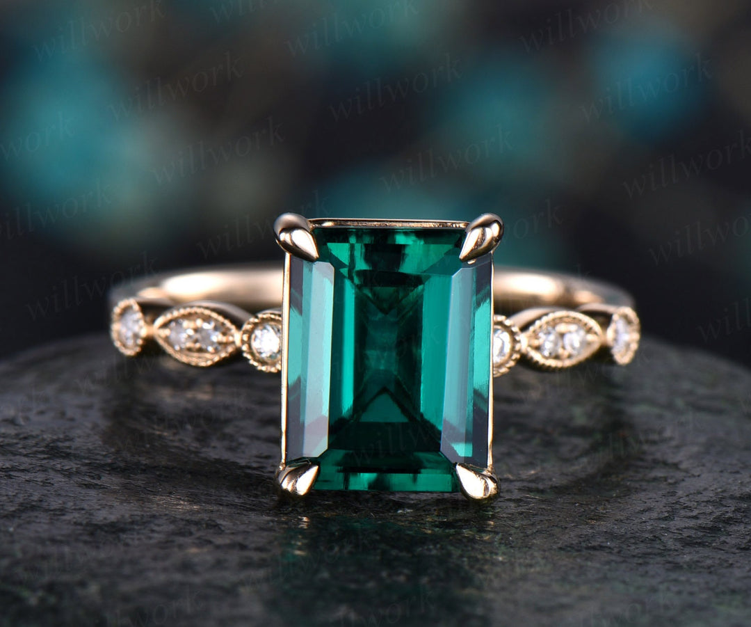 Emerald cut emerald engagement ring 14k yellow gold real diamond ring art deco emerald ring gold vintage wedding women promise ring jewelry