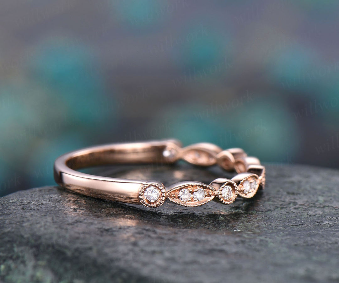 Half eternity diamond wedding ring art deco diamond 14k rose gold ring marquise ring milgrain wedding band bridal anniversary ring band gift
