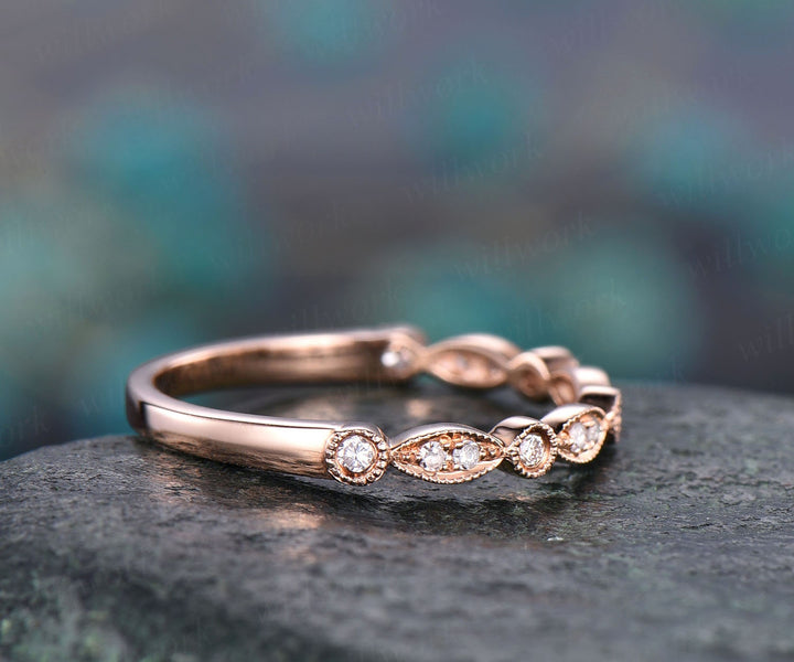 Half eternity diamond wedding ring art deco diamond 14k rose gold ring marquise ring milgrain wedding band bridal anniversary ring band gift