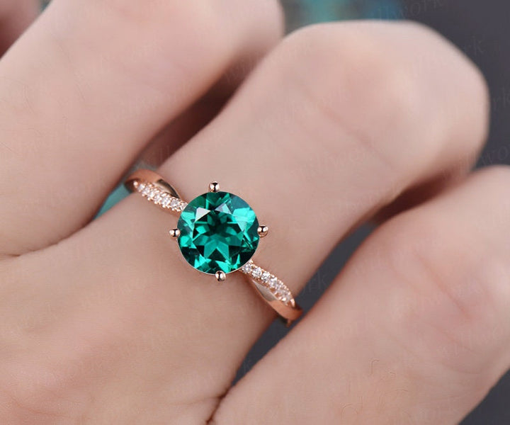 7mm round cut emerald engagement ring solid 14k rose gold twisted real diamond ring May birthstone emerald ring bridal wedding promise ring