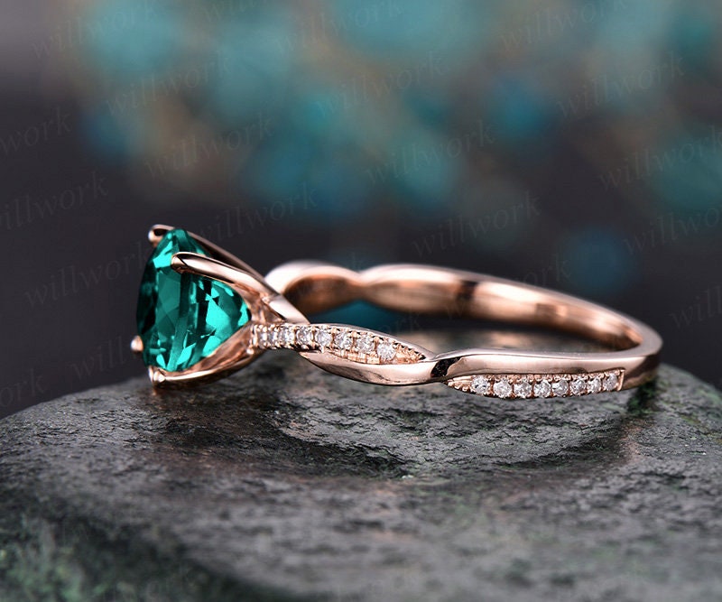 7mm round cut emerald engagement ring solid 14k rose gold twisted real diamond ring May birthstone emerald ring bridal wedding promise ring
