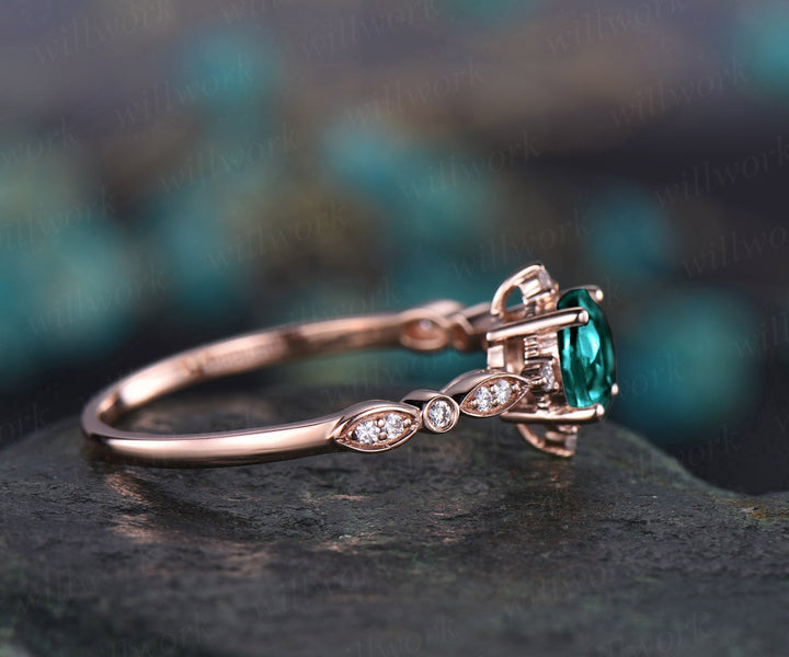 Unique vintage green emerald engagement ring 14k yellow rose gold art deco diamond ring anniversary wedding bridal gift May birthstone ring