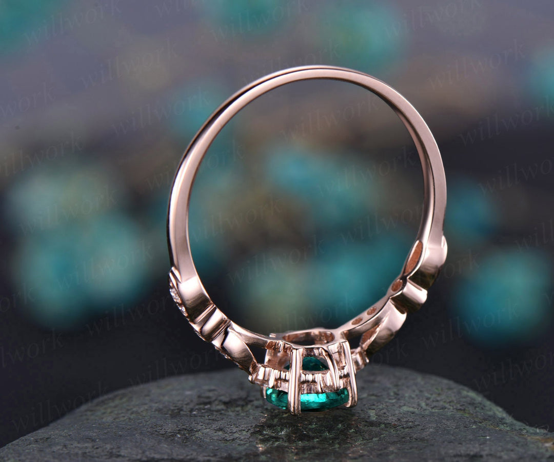 Unique vintage green emerald engagement ring 14k yellow rose gold art deco diamond ring anniversary wedding bridal gift May birthstone ring