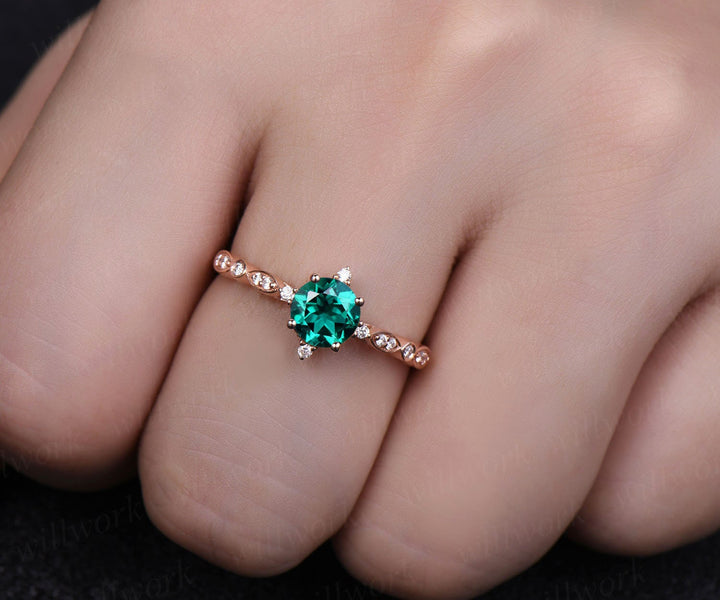 Unique vintage green emerald engagement ring 14k yellow rose gold art deco diamond ring anniversary wedding bridal gift May birthstone ring