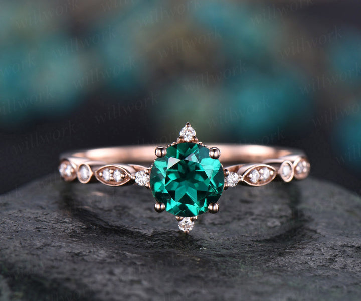 Unique vintage green emerald engagement ring 14k yellow rose gold art deco diamond ring anniversary wedding bridal gift May birthstone ring