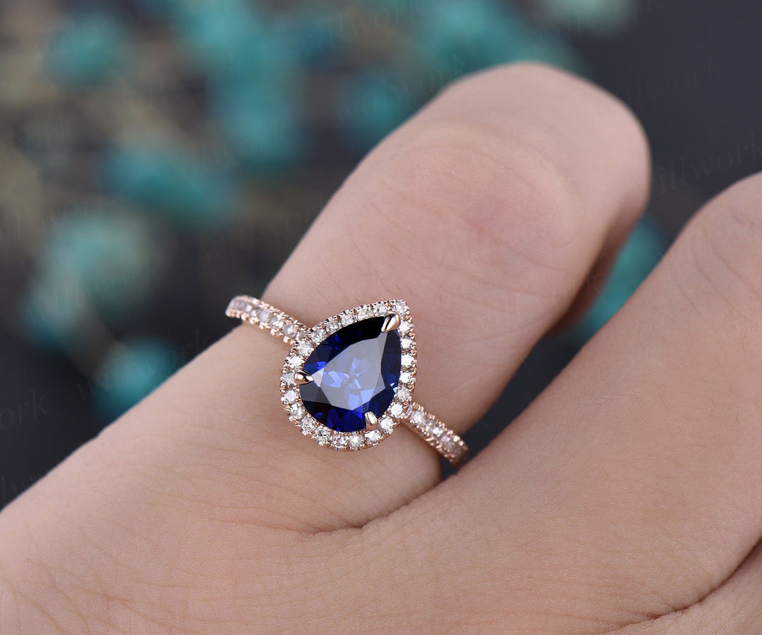 6x8mm sapphire engagement ring 14k rose gold real diamond halo ring Lab sapphire ring gold anniversary wedding women promise ring jewelry