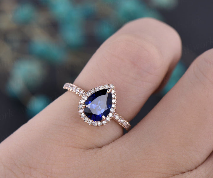 6x8mm sapphire engagement ring 14k rose gold real diamond halo ring Lab sapphire ring gold anniversary wedding women promise ring jewelry