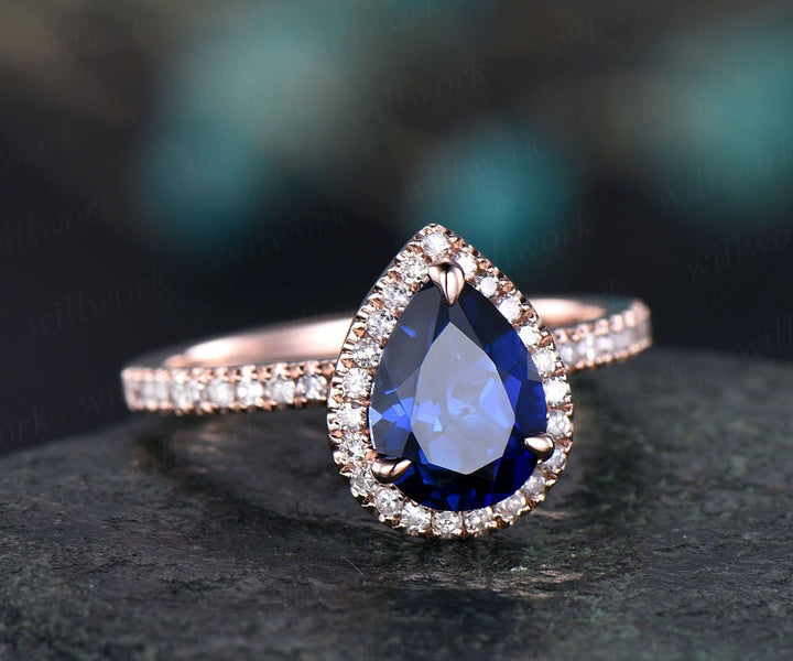 6x8mm sapphire engagement ring 14k rose gold real diamond halo ring Lab sapphire ring gold anniversary wedding women promise ring jewelry