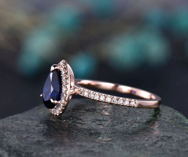 6x8mm sapphire engagement ring 14k rose gold real diamond halo ring Lab sapphire ring gold anniversary wedding women promise ring jewelry
