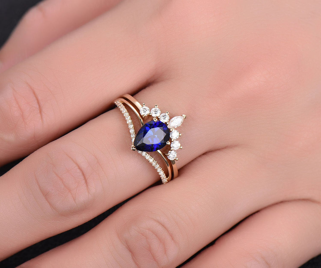 6x8mm 2pc sapphire bridal set sapphire engagement ring set yellow rose gold art deco moissanite crown ring band diamond wedding ring gift