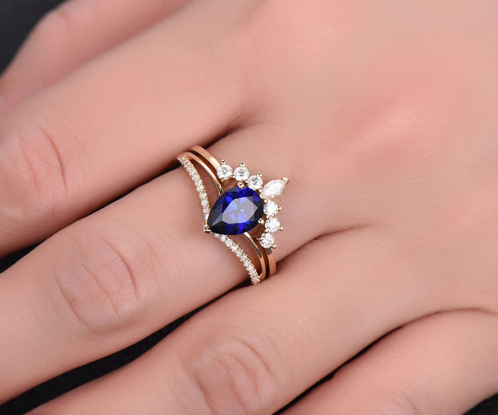 6x8mm 2pc sapphire bridal set sapphire engagement ring set yellow rose gold art deco moissanite crown ring band diamond wedding ring gift