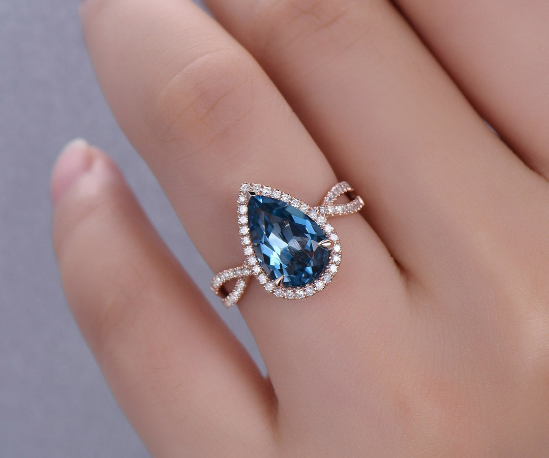 Infinity Diamond halo ring 8x12mm pear London blue topaz engagement ring 14k rose gold topaz ring gold vintage November birthstone ring gift