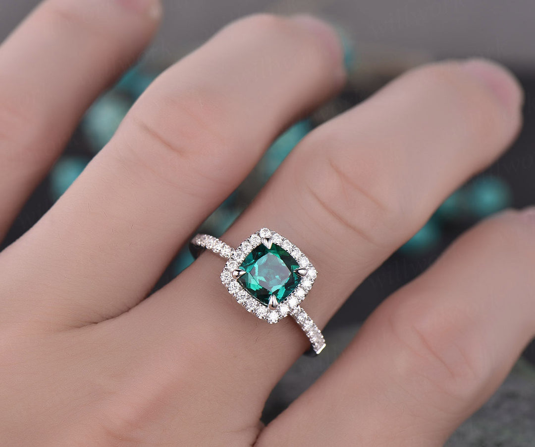 7mm cushion cut emerald engagement ring solid 14k rose gold moissanite halo ring emerald ring gold vintage bridal wedding promise ring