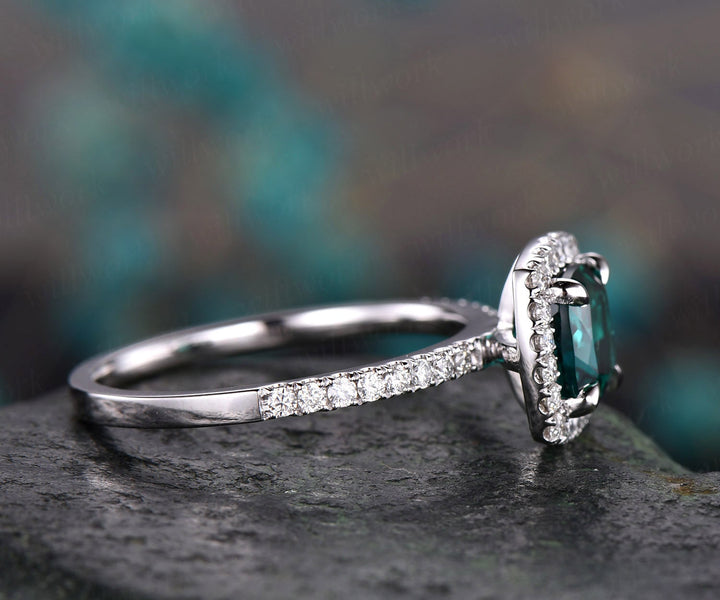 7mm cushion cut emerald engagement ring solid 14k rose gold moissanite halo ring emerald ring gold vintage bridal wedding promise ring