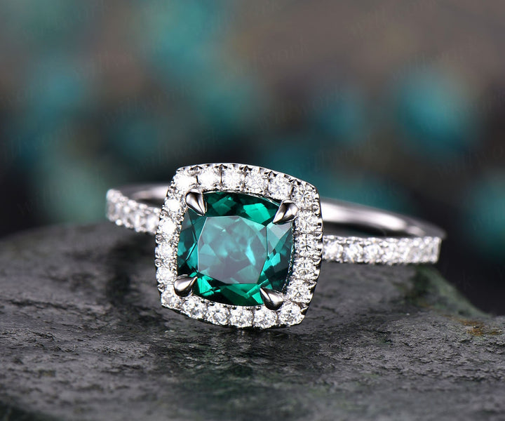 7mm cushion cut emerald engagement ring solid 14k rose gold moissanite halo ring emerald ring gold vintage bridal wedding promise ring