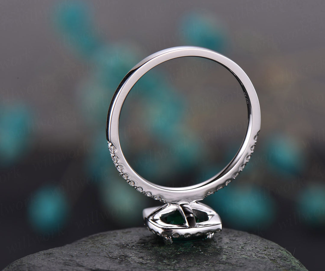 7mm cushion cut emerald engagement ring solid 14k rose gold moissanite halo ring emerald ring gold vintage bridal wedding promise ring