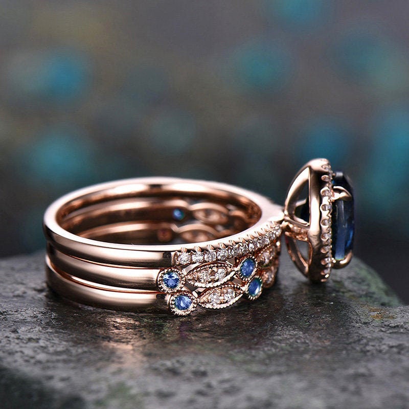 3pcs blue sapphire ring vintage sapphire engagement ring set rose gold for women diamond halo natural sapphire wedding band bridal ring set