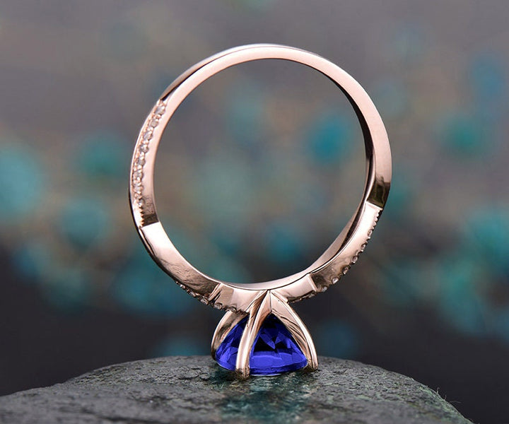 7mm round blue sapphire engagement ring solid 14k rose gold twisted real dianond ring September birthstone ring bridal wedding promise ring