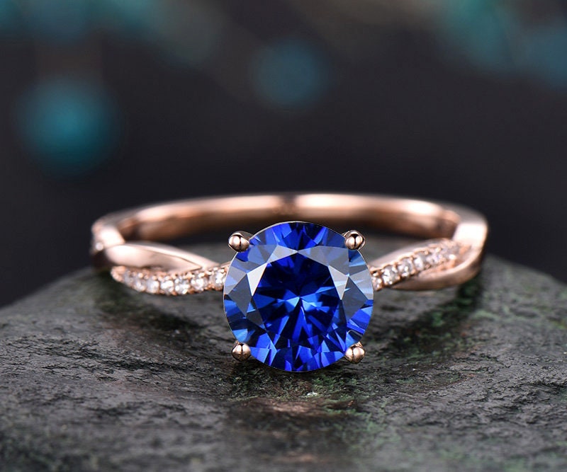 7mm round blue sapphire engagement ring solid 14k rose gold
