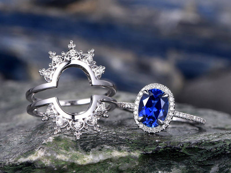 Blue sapphire engagement ring set white rose gold 2pc sapphire